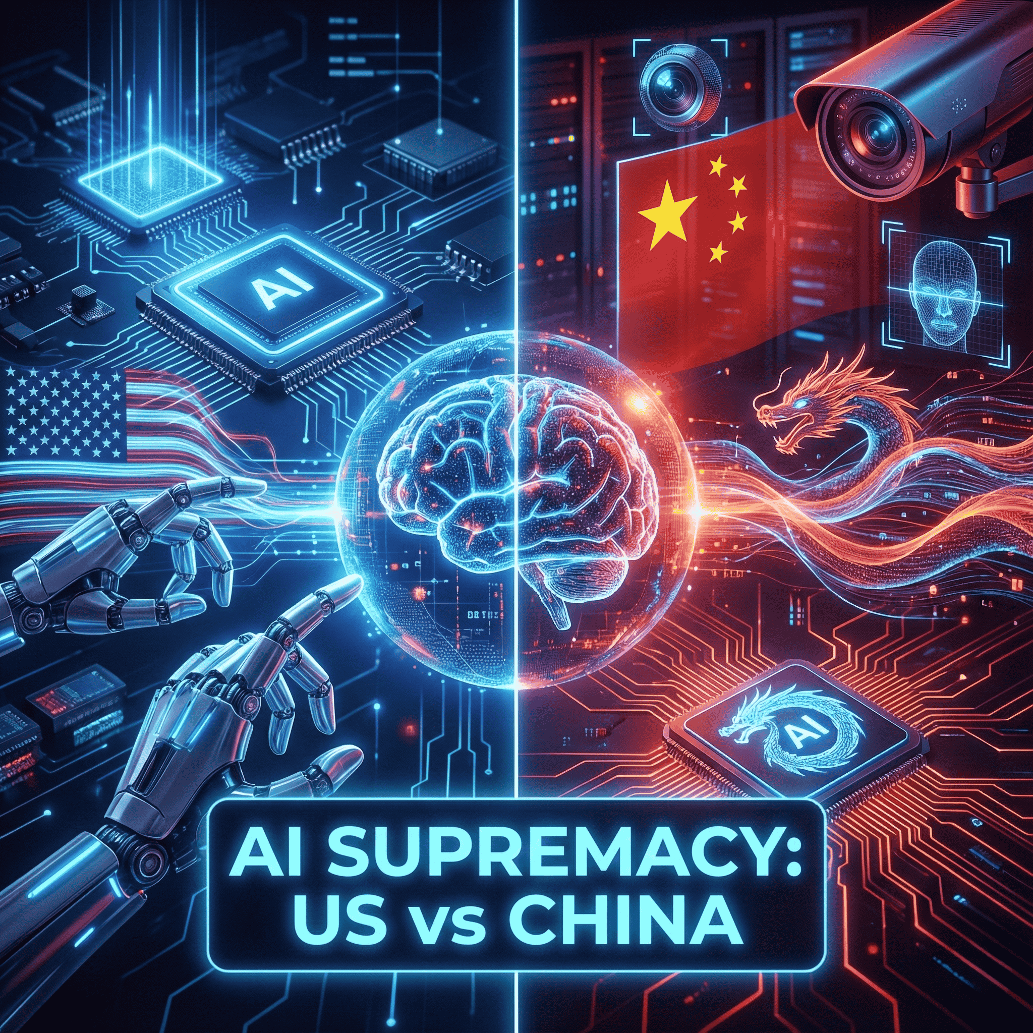 AI supremacy thumbnail showing US–China tech rivalry with split-screen globe, circuits, and digital symbols.
