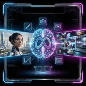 Futuristic concept image of Meta AI model 2026 showing image and video generation with neural networks and smart glasses