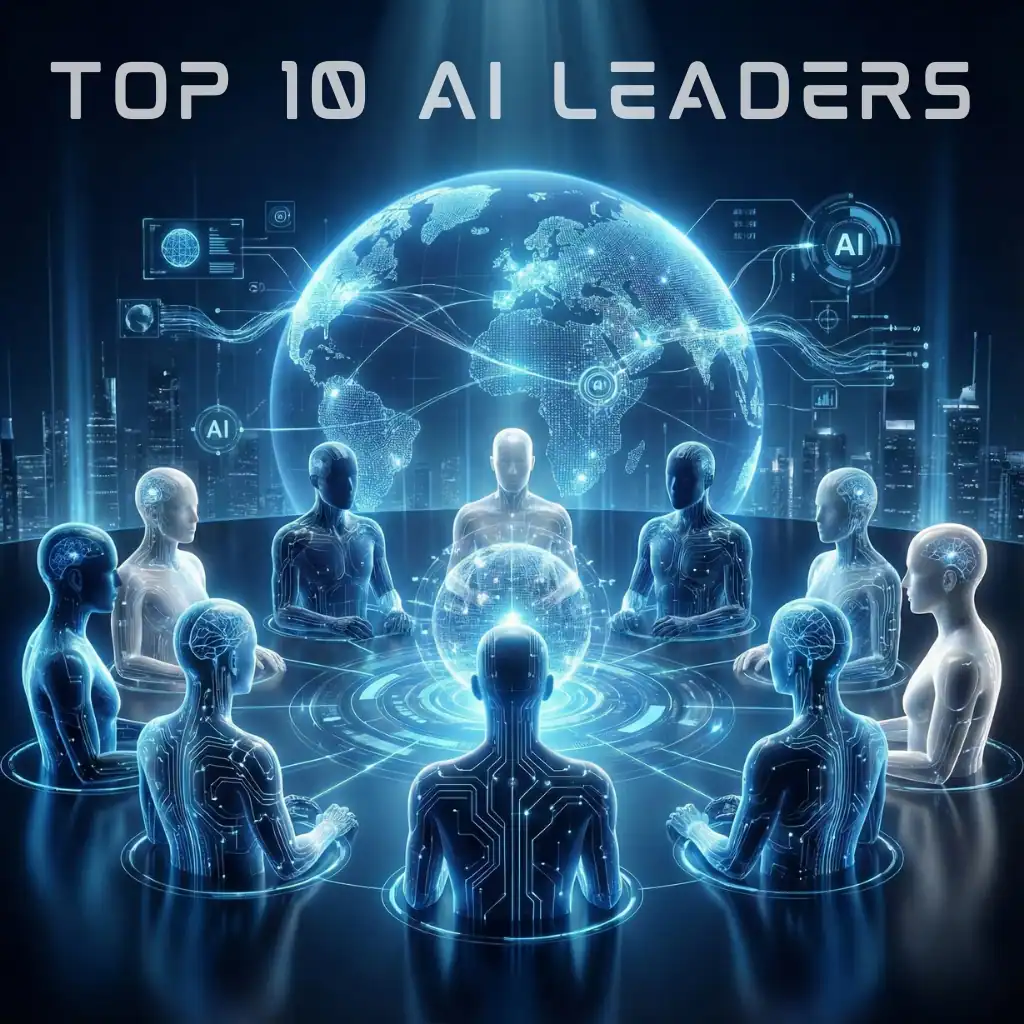 Futuristic digital illustration of top AI leaders depicted as glowing silhouettes in a high-tech command center with Earth and data streams in the background