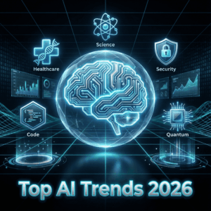 Futuristic digital illustration of an AI brain surrounded by industry icons representing the top AI trends 2026, including healthcare, science, code, security, and quantum computing, in neon blue and silver against a high-tech background