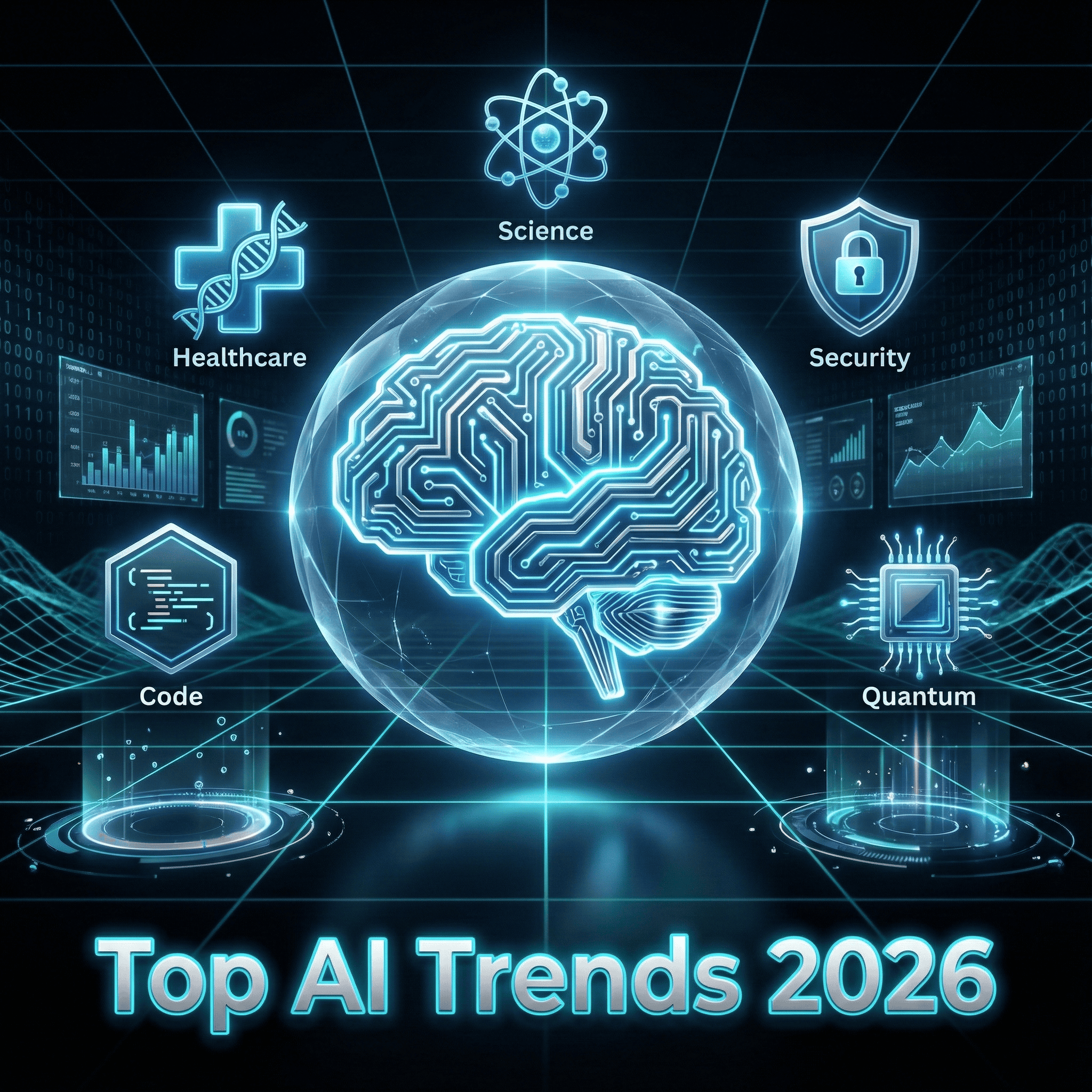 Futuristic digital illustration of an AI brain surrounded by industry icons representing the top AI trends 2026, including healthcare, science, code, security, and quantum computing, in neon blue and silver against a high-tech background