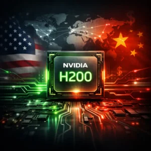 A high-definition concept image showing the Nvidia H200 chip at the center, surrounded by digital circuits and trade symbols, representing Nvidia H200 chip exports to China