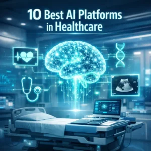 Futuristic AI brain hovering above a digital hospital setup, surrounded by holographic medical icons, symbolizing AI platforms in healthcare