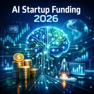 Editorial AI brain and funding concept image representing AI Startup Funding 2026 with digital graphs and glowing tech icons