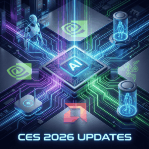 A digital illustration showcasing CES 2026 AI trends with a glowing central AI chip, surrounded by holographic icons of a robot, smart home device, and gaming assistant.