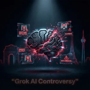 Digital illustration showing a glitching AI chatbot face with warning icons and global landmarks in the background, symbolizing the Grok AI controversy.