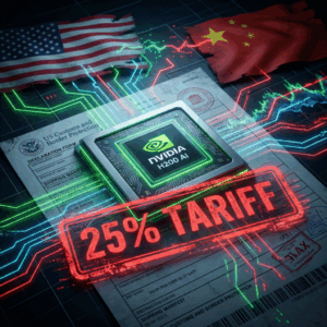 Concept image illustrating the Nvidia H200 tariff, featuring a glowing Nvidia H200 chip stamped with “25% Tariff” over a U.S. customs form, with U.S. and China flags in the background.