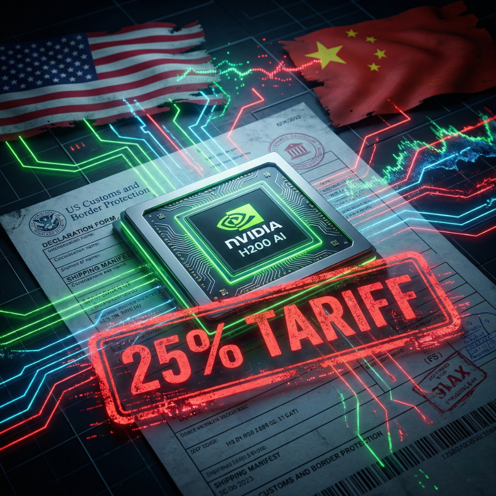 Concept image illustrating the Nvidia H200 tariff, featuring a glowing Nvidia H200 chip stamped with “25% Tariff” over a U.S. customs form, with U.S. and China flags in the background.
