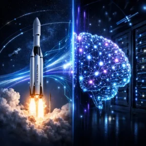 Split-scene digital illustration showing a SpaceX rocket launch and a glowing AI brain connected by holographic lines, symbolizing the SpaceX xAI merger
