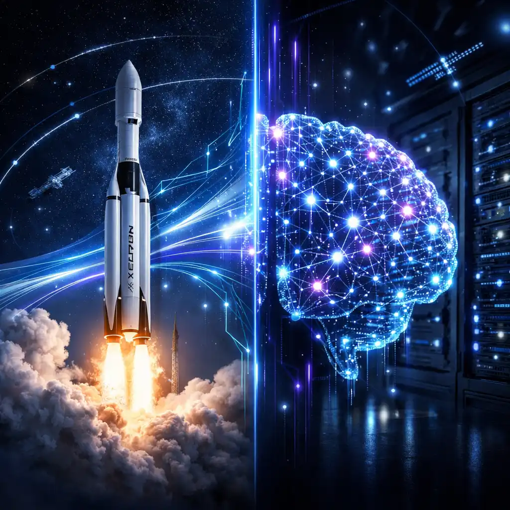 Split-scene digital illustration showing a SpaceX rocket launch and a glowing AI brain connected by holographic lines, symbolizing the SpaceX xAI merger
