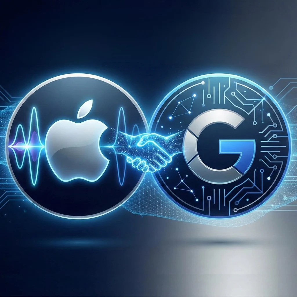 Illustration of the Google Apple AI deal, featuring a glowing Apple logo with Siri waveform on the left and Google’s G with AI circuits on the right, joined by a digital handshake symbolizing partnership.