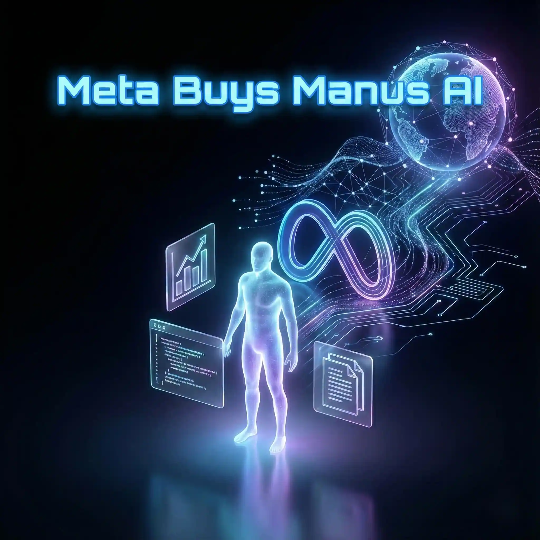 Glowing AI figure with task icons and Meta logo in background. Text reads “Meta Buys Manus AI” to highlight the acquisition