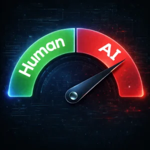 AI detector gauge illustration showing human vs AI content analysis on a futuristic verification interface