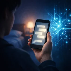 AI emotional support concept image showing a teen holding a smartphone with a glowing chatbot interface in a dim bedroom with digital AI network overlay