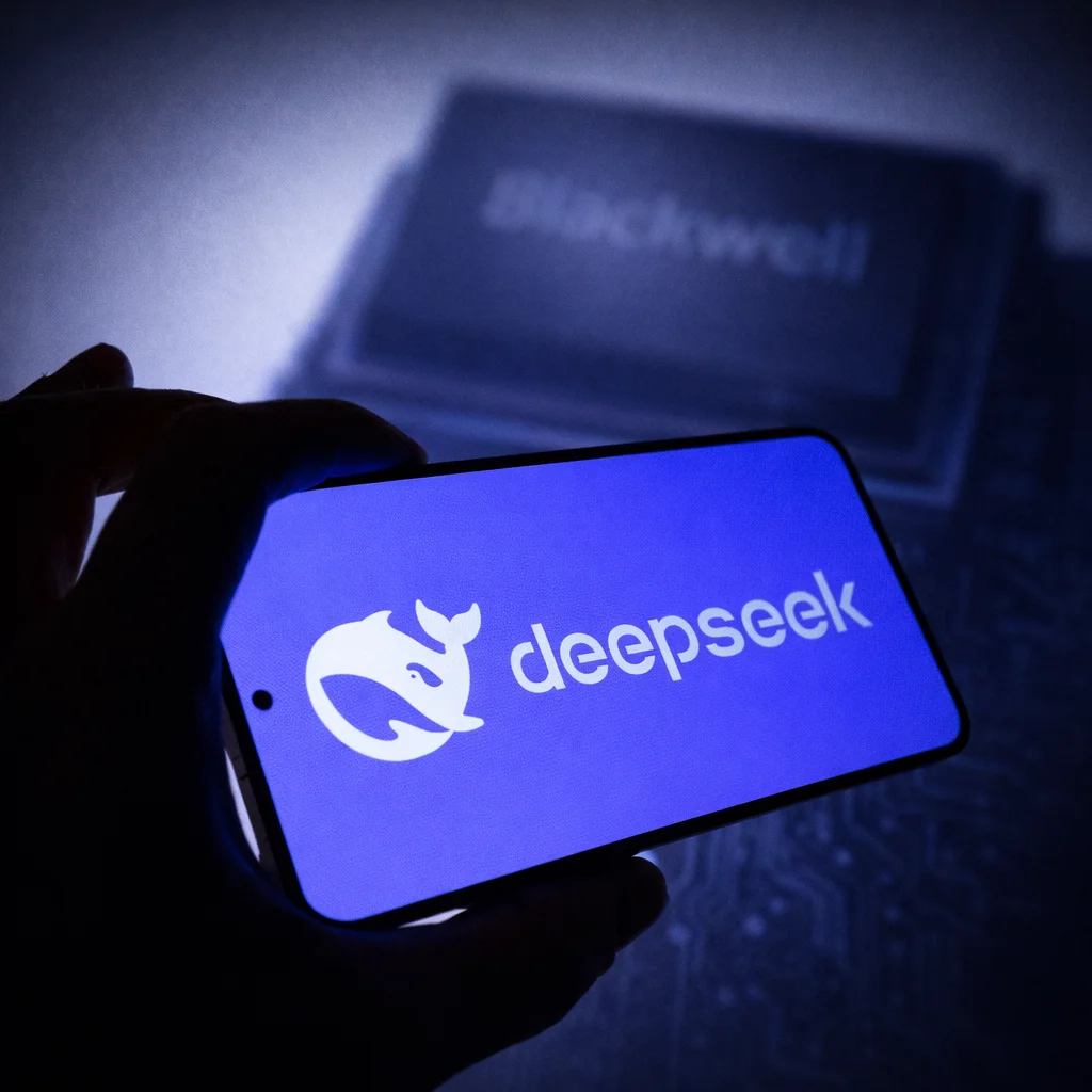 Nvidia Blackwell chips silhouette in the background powering DeepSeek AI model training, with glowing neural network and data center servers