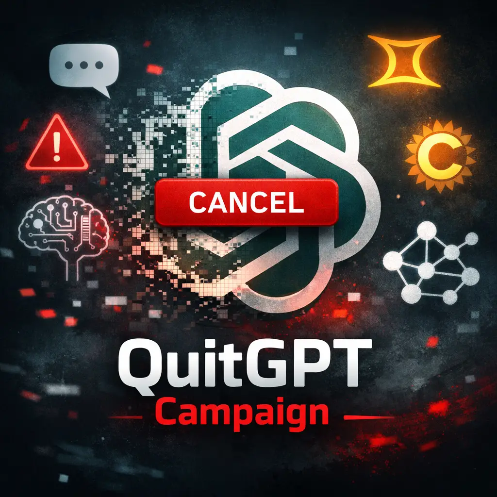 QuitGPT campaign thumbnail with fading ChatGPT logo, cancel button, and AI icons on a dark background