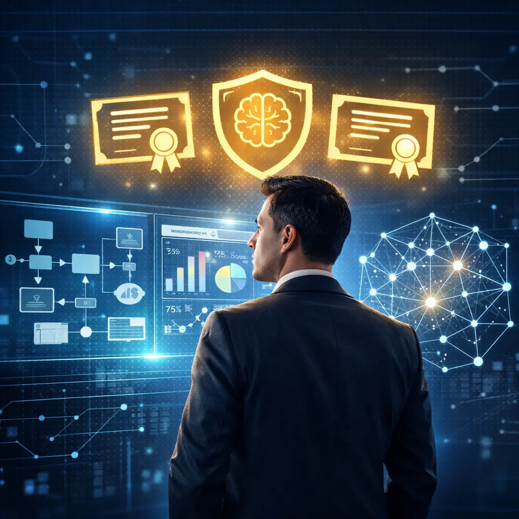 Business professional reviewing digital dashboards and certificates symbolizing AI courses for resume and leadership career advancement.