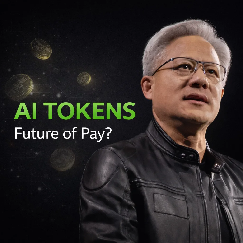 AI tokens concept with Nvidia-themed green headline and Jensen Huang speaking about future of AI-powered compensation systems