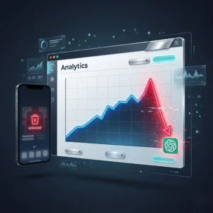 Cancel ChatGPT backlash concept showing a sharp downward red graph spike ending at the ChatGPT logo with uninstall icon on smartphone screen