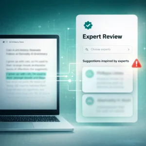 Grammarly AI lawsuit illustration showing an AI writing editor connected to an “Expert Review” panel with simulated expert profiles and AI-generated feedback suggestions.
