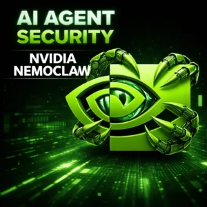 AI agent security concept showing Nvidia Nemoclaw with a green AI eye logo held by robotic claws on a dark digital background