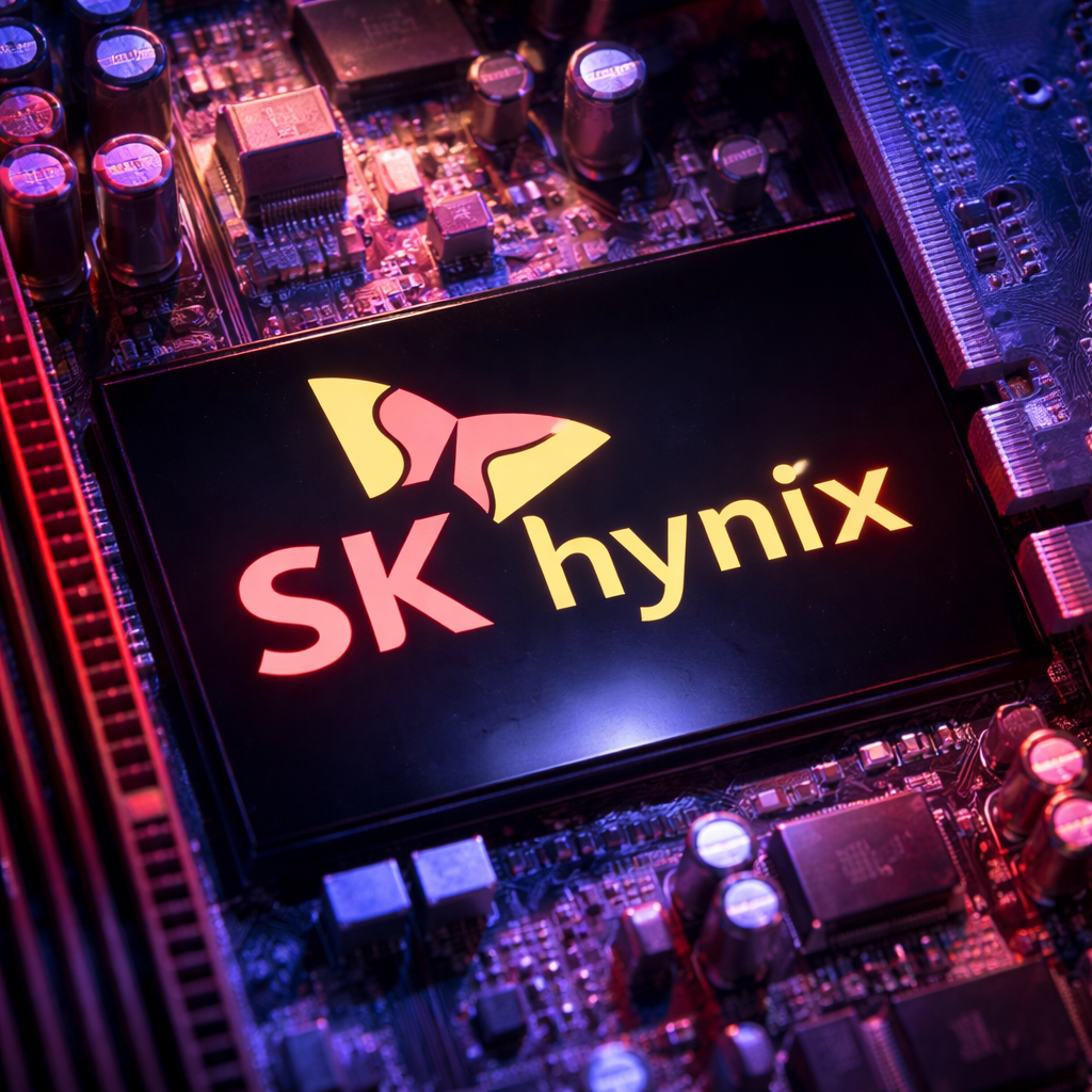 SK Hynix IPO concept showing a glowing memory chip on a motherboard with red and blue lighting, representing RAMmageddon and rising AI chip demand