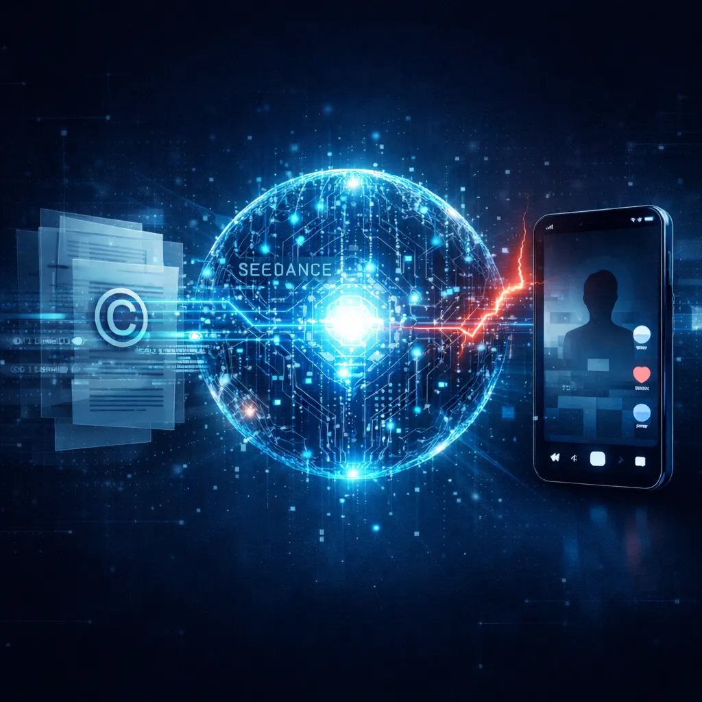 ByteDance Seedance AI concept showing AI system, digital content, and TikTok-style interface with copyright elements