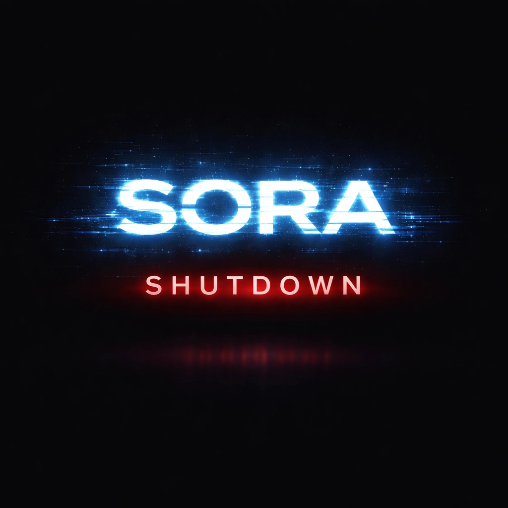OpenAI Sora shutdown thumbnail with glowing glitching SORA text and red SHUTDOWN on black background