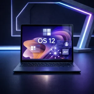 Windows 12 AI OS concept showing a futuristic laptop interface with AI system overlays and neon tech lighting