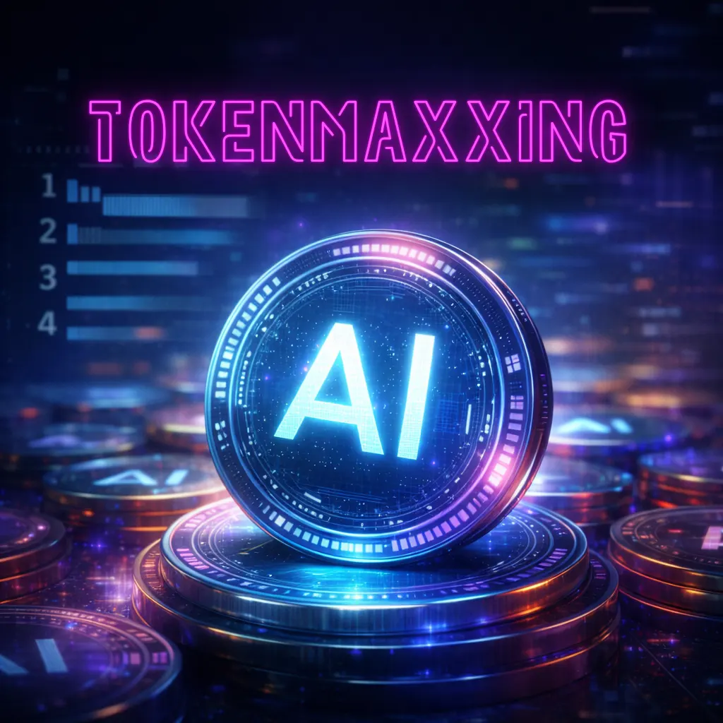 AI tokenmaxxing visual showing a glowing AI digital token surrounded by layered tokens and subtle leaderboard graphics in a modern tech workspace style