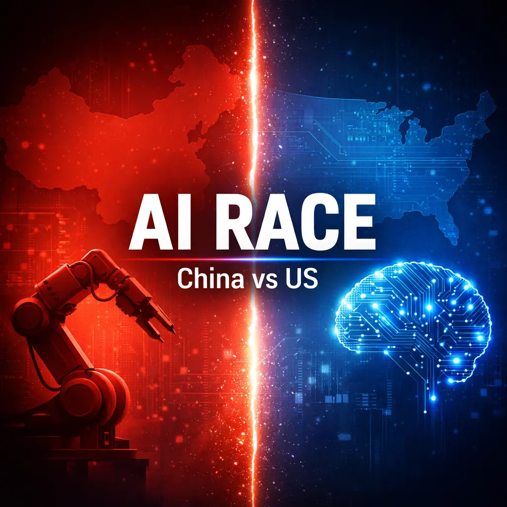 China vs US AI race visual showing split red and blue background with robot arm on China side and AI brain on US side representing global AI competition
