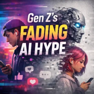Gen Z AI hype visual showing young people on smartphones with a subtly fading AI head and clean modern gradient background