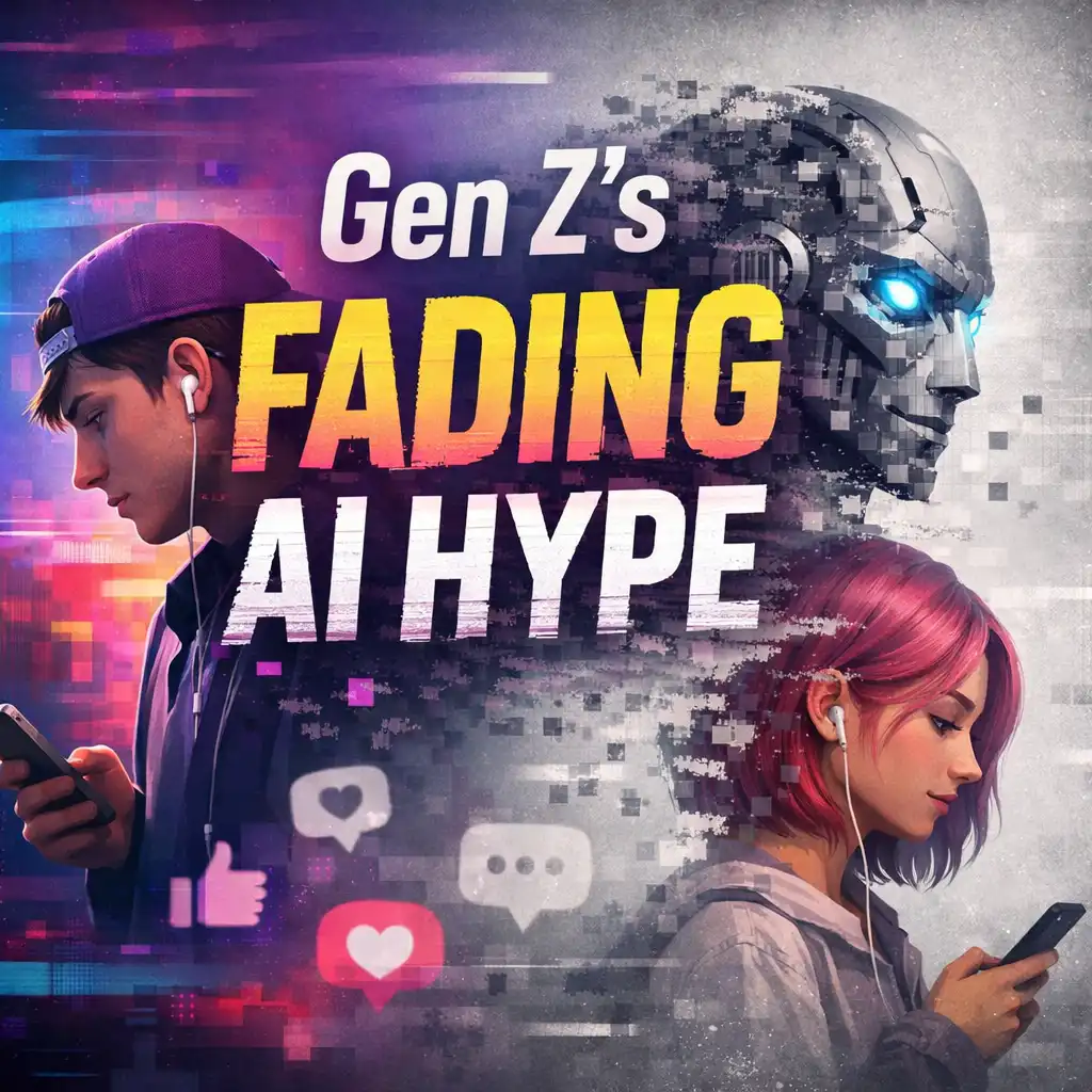 Gen Z AI hype visual showing young people on smartphones with a subtly fading AI head and clean modern gradient background