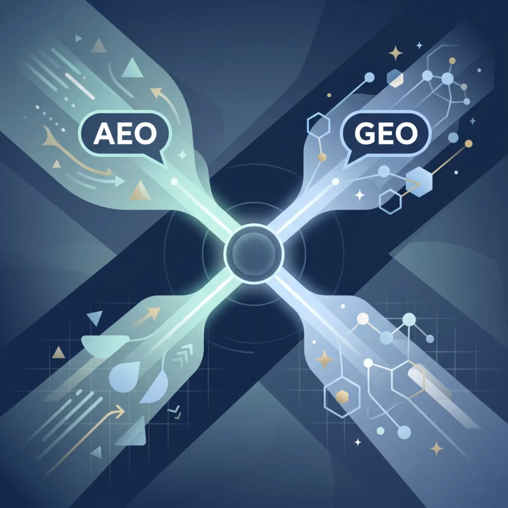 An infographic contrasting AI Answer Engine Optimization (AEO) and Generative Engine Optimization (GEO) strategies for visibility in AI search.