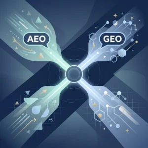 An infographic contrasting AI Answer Engine Optimization (AEO) and Generative Engine Optimization (GEO) strategies for visibility in AI search.