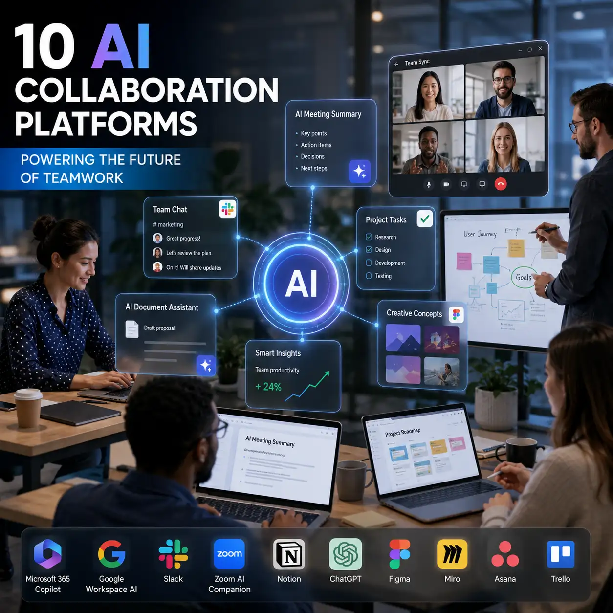 AI collaboration platforms helping remote teams manage meetings, communication, task automation, and workplace productivity through connected AI-powered workflows.