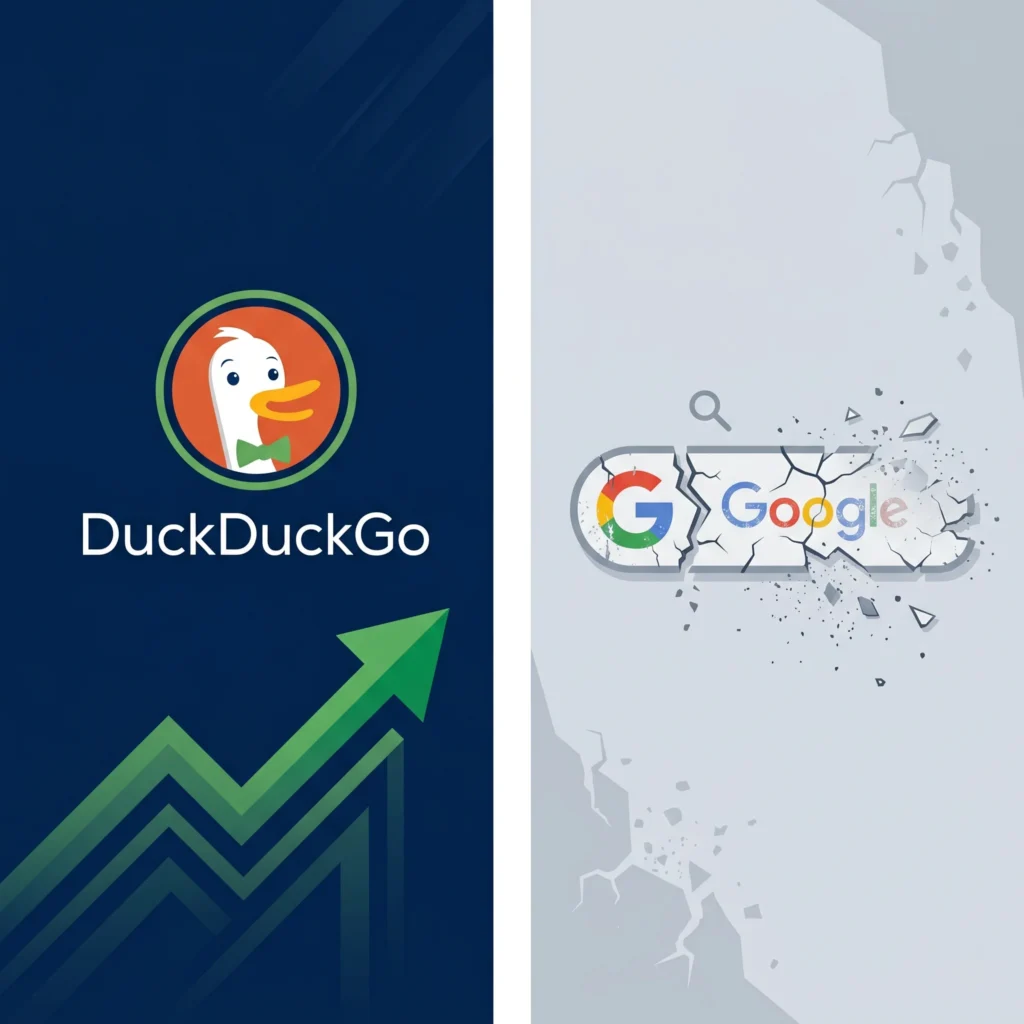 DuckDuckGo search logo with a rising green arrow beside a cracked Google search bar, showing users switching from Google AI to DuckDuckGo search.