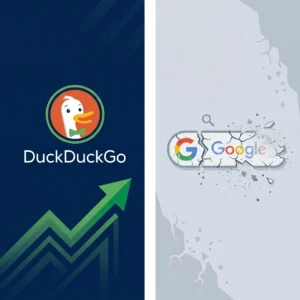 DuckDuckGo search logo with a rising green arrow beside a cracked Google search bar, showing users switching from Google AI to DuckDuckGo search.