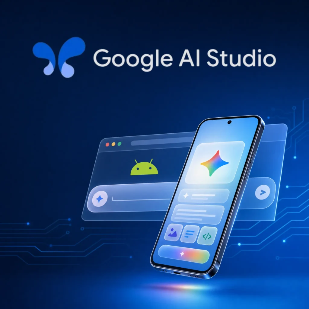 Google AI Studio Android app builder showing a smartphone with Gemini interface and Android logo on a browser screen
