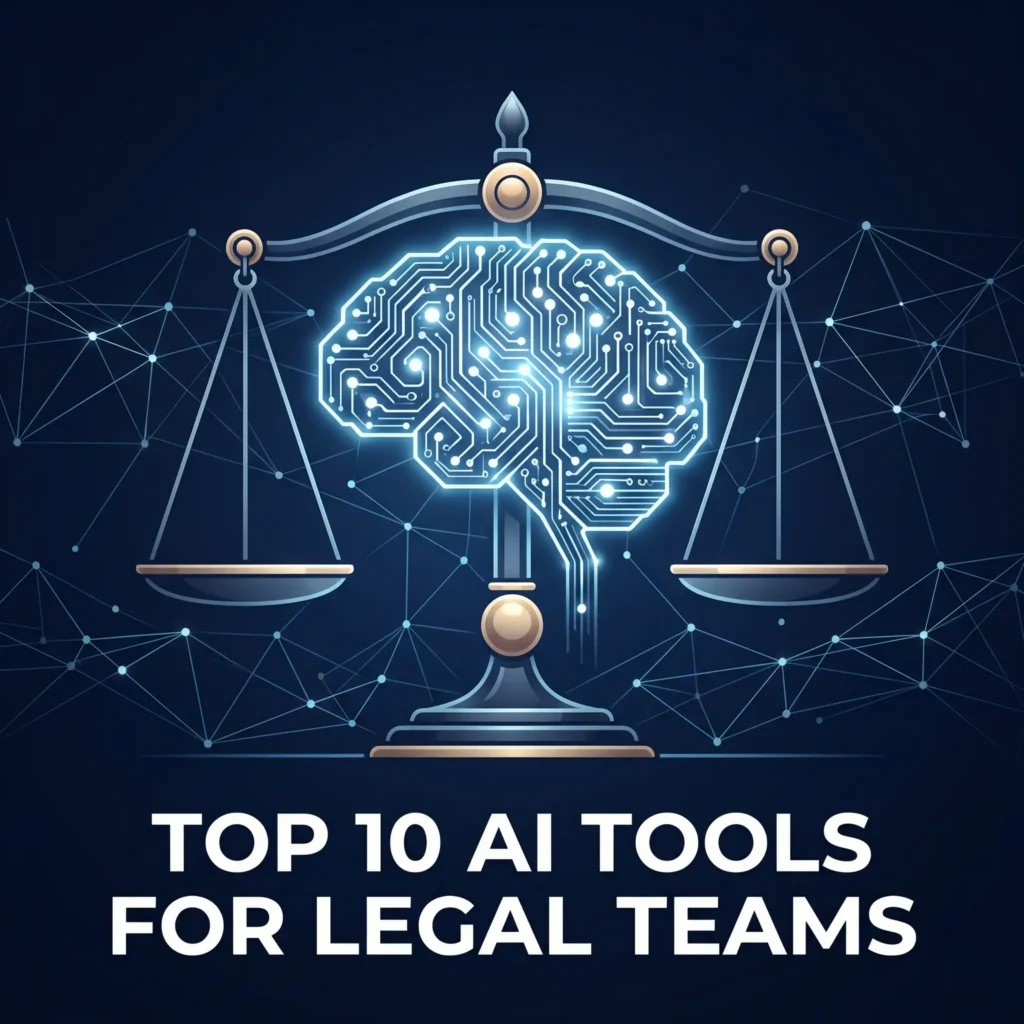 AI tools for legal teams shown as a glowing circuit brain balanced on a scale of justice against a navy blue neural network background