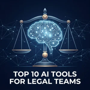 AI tools for legal teams shown as a glowing circuit brain balanced on a scale of justice against a navy blue neural network background