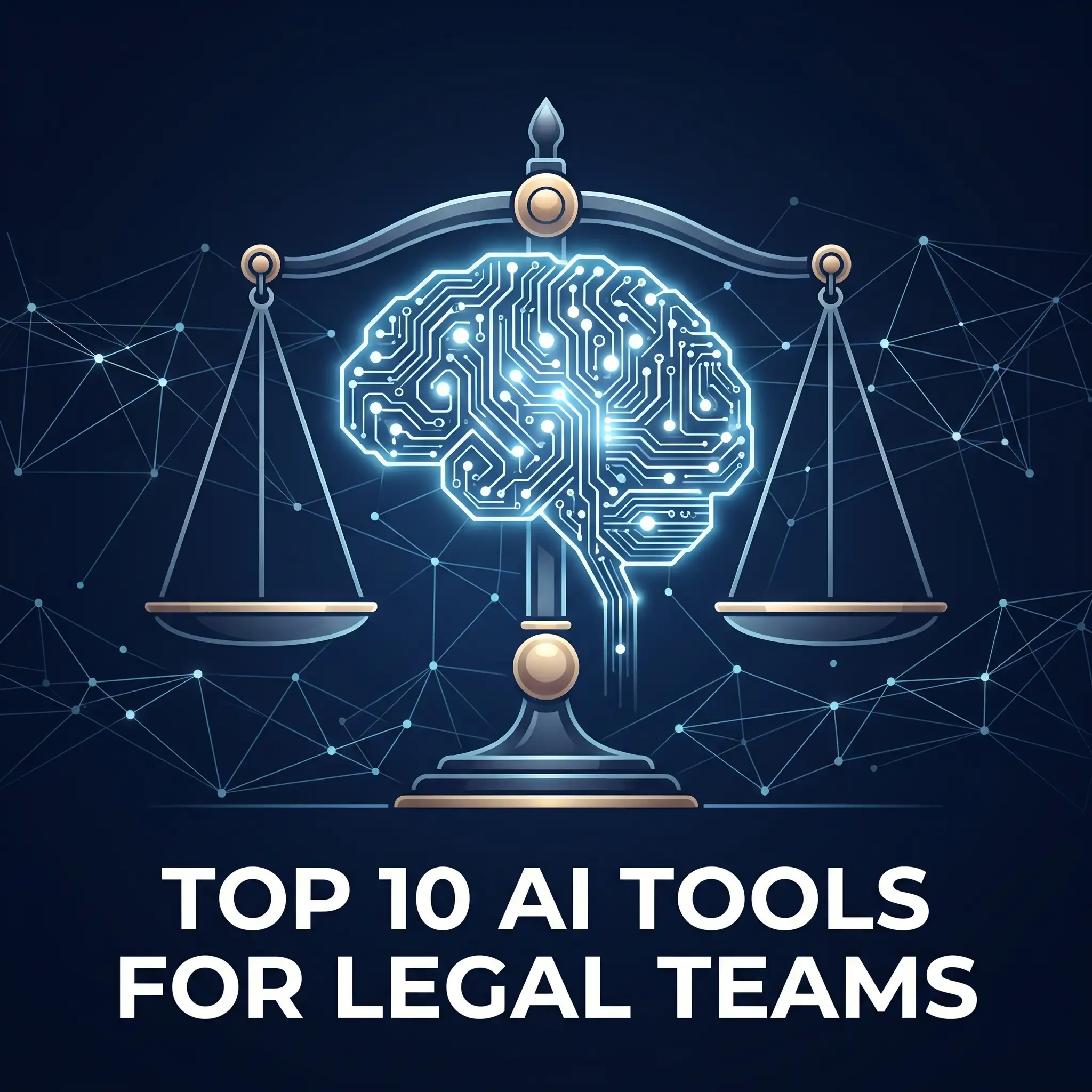 AI tools for legal teams shown as a glowing circuit brain balanced on a scale of justice against a navy blue neural network background