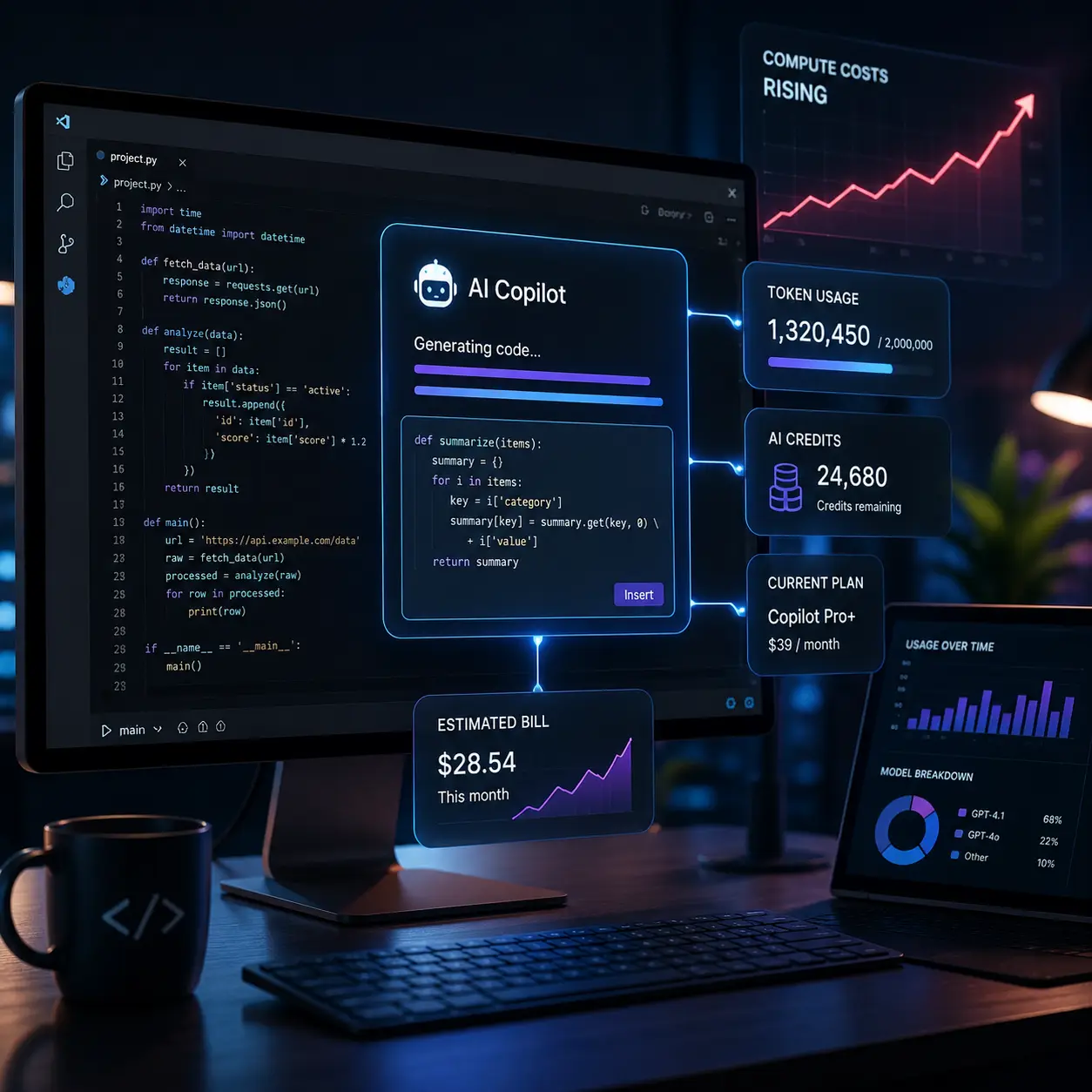 GitHub Copilot pricing dashboard showing AI coding usage, token billing metrics, and rising compute costs inside a futuristic developer workspace.