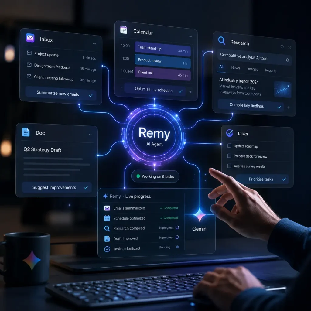 Remy AI Agent interface managing digital tasks across futuristic desktop panels with Gemini-inspired AI automation and human oversight.