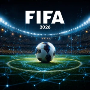 A soccer ball on a glowing digital pitch inside a stadium, highlighting AI integration for the FIFA World Cup 2026.