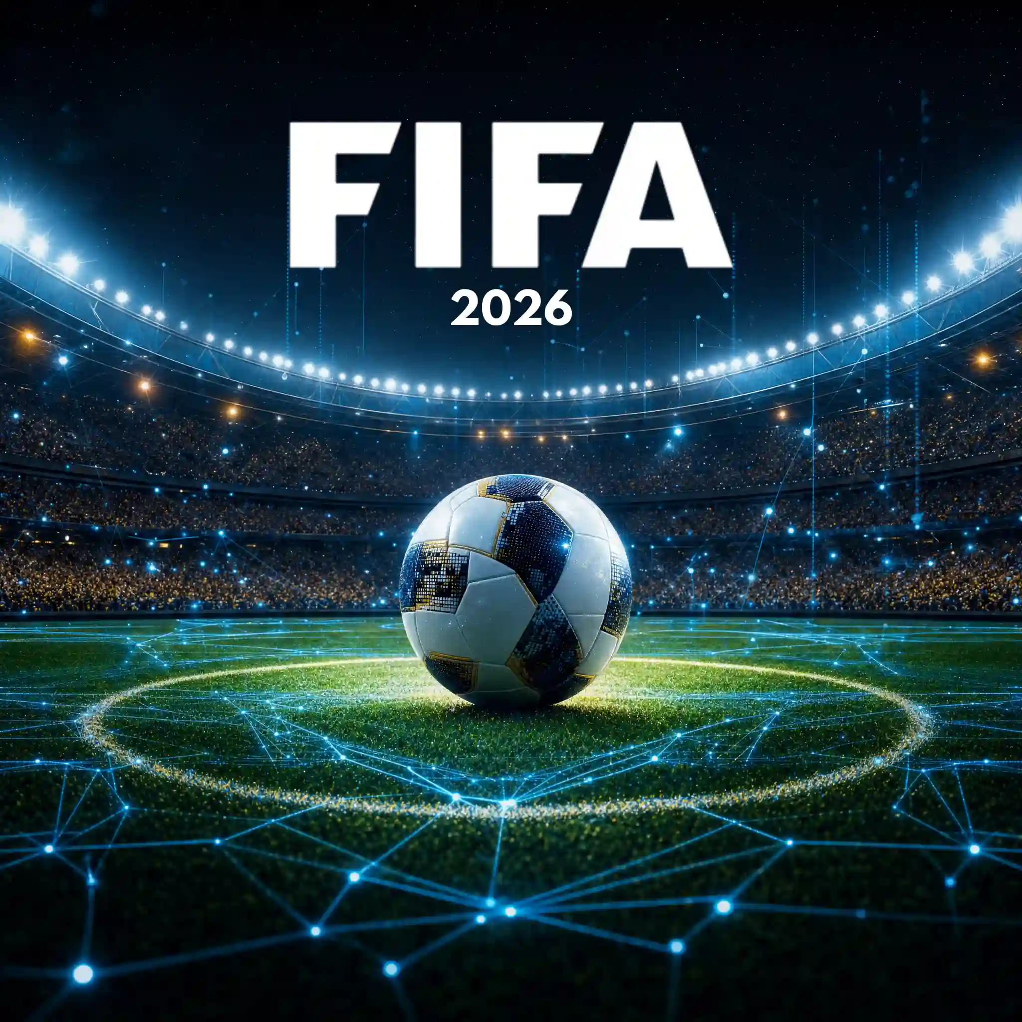 A soccer ball on a glowing digital pitch inside a stadium, highlighting AI integration for the FIFA World Cup 2026.