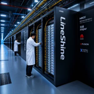 World's fastest supercomputer LineShine server hall with liquid-cooled racks and technicians