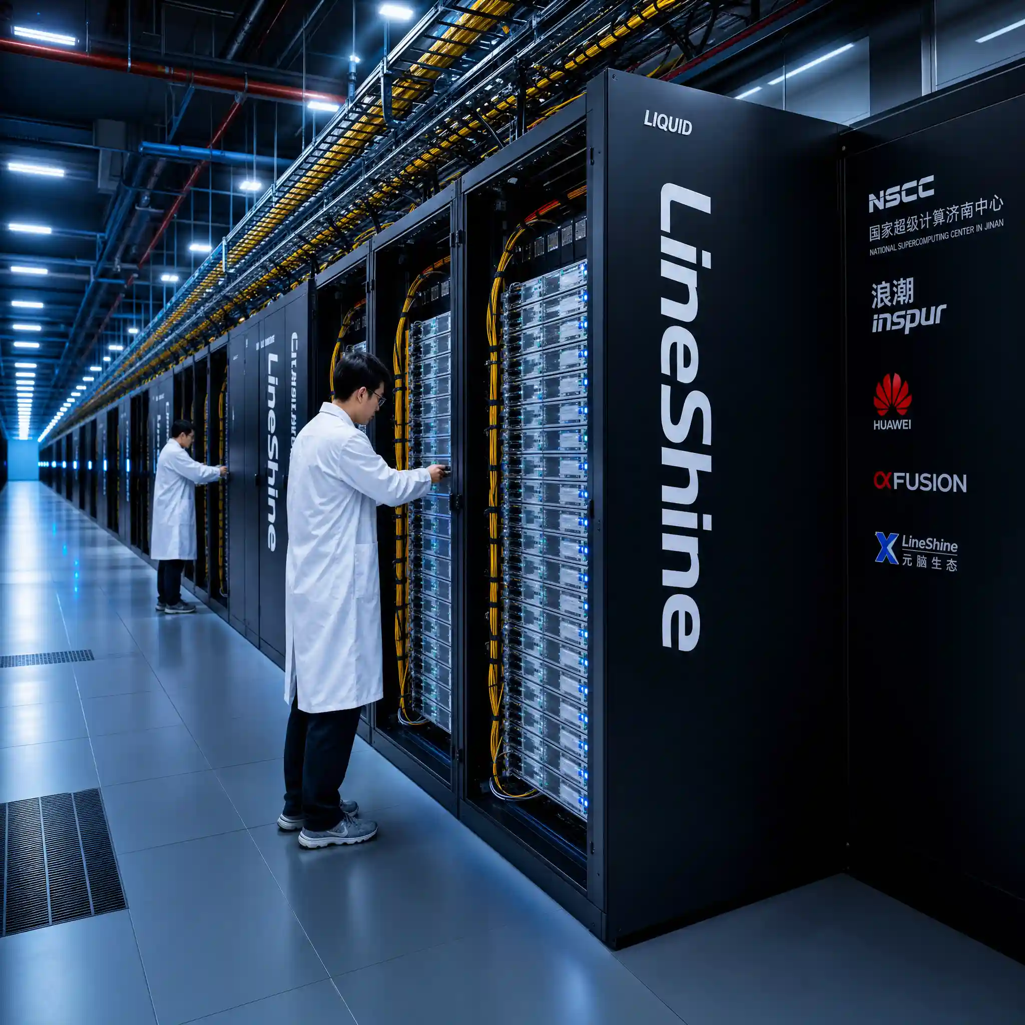 World's fastest supercomputer LineShine server hall with liquid-cooled racks and technicians