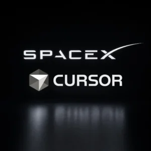 SpaceX Cursor deal logos glowing white against a dark reflective stage