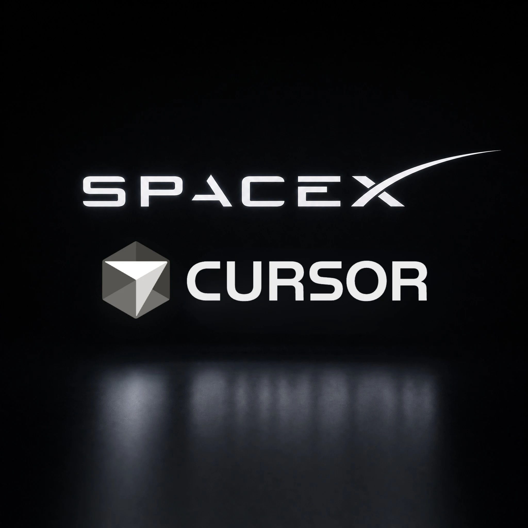SpaceX Cursor deal logos glowing white against a dark reflective stage